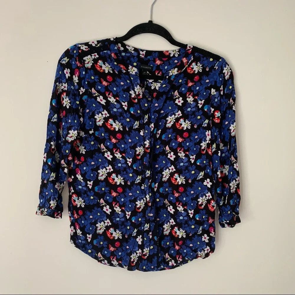 Talbots floral black blue 3/4 sleeve blouse XS